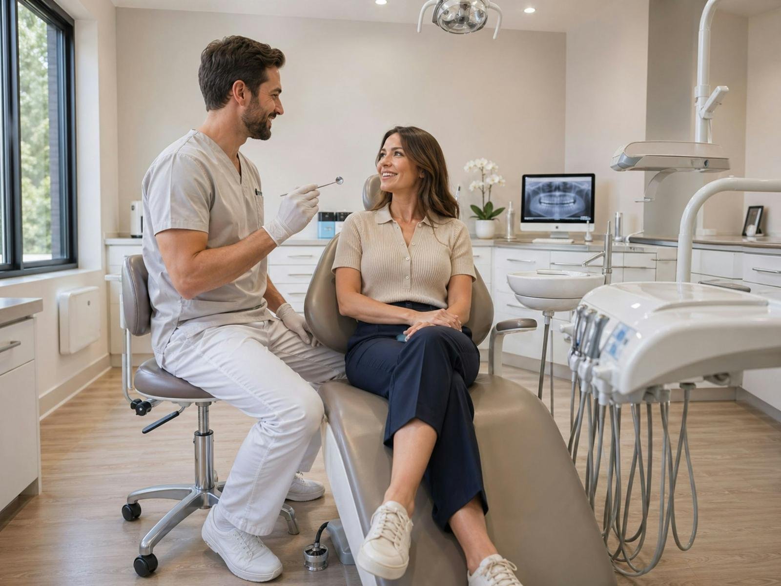Dentista conversando com uma paciente sentada na cadeira do consultório