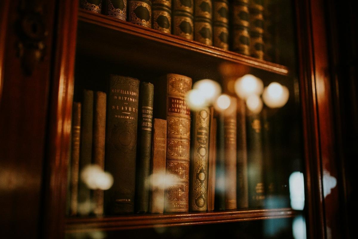 Livros antigos encadernados numa estante de madeira